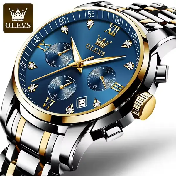 OLEVS 2858 Stainless Steel Waterproof Chronograph Luminous Men's Watch – Dial Color: Blue Gold, Strap Color: White Gold – View 3
