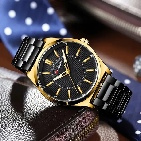 Curren 8407 High Quality Stainless Steel Waterproof Men's Watch – Dial Color: Black Gold, Strap Color: Black – View 3