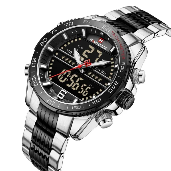 NAVIFORCE NF9195 Stainless Steel Dual Time Men's Watch – Dial Color: Black, Strap Color: Silver – View 2