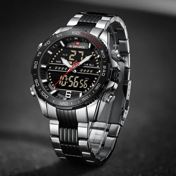 NAVIFORCE NF9195 Stainless Steel Dual Time Men's Watch – Dial Color: Black, Strap Color: Silver – View 3