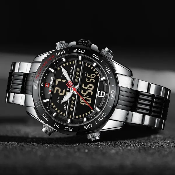 NAVIFORCE NF9195 Stainless Steel Dual Time Men's Watch – Dial Color: Black, Strap Color: Silver – View 4