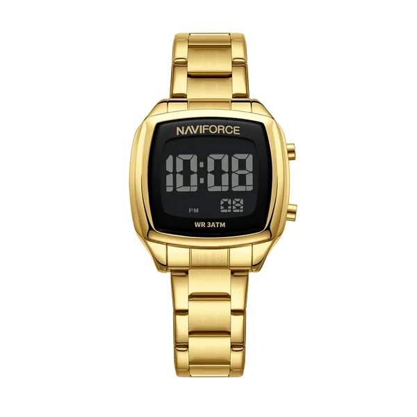 Naviforce 5047 Stainless Steel Calorie Mileage Digital Sporty Men's Watch – Dial Color: Black, Strap Color: Gold – View 1