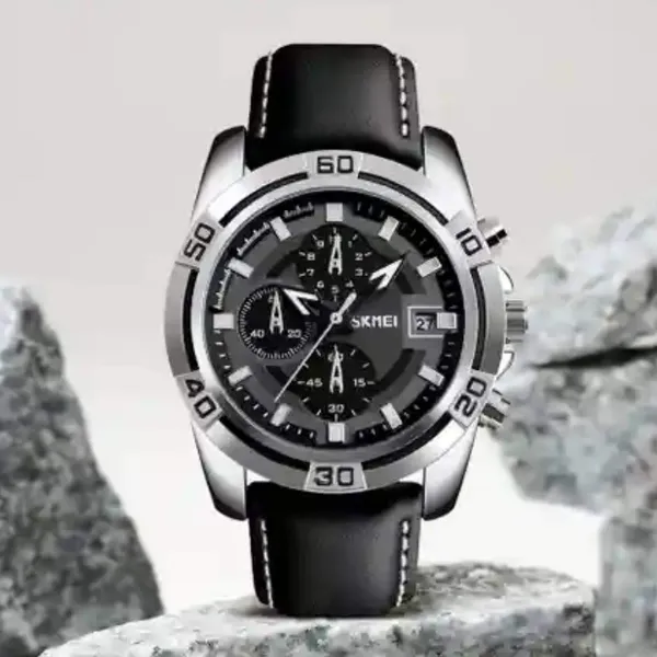 Skmei 9156 Fashion Leather Luxury Military Quartz Men's Watch  – Dial Color: Black, Strap Color: Black – View 3