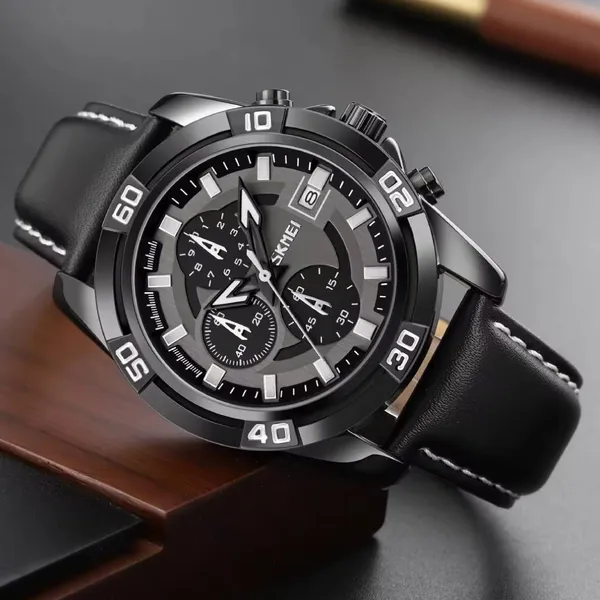 Skmei 9156 Fashion Leather Luxury Military Quartz Men's Watch  – Dial Color: Black, Strap Color: Black – View 4