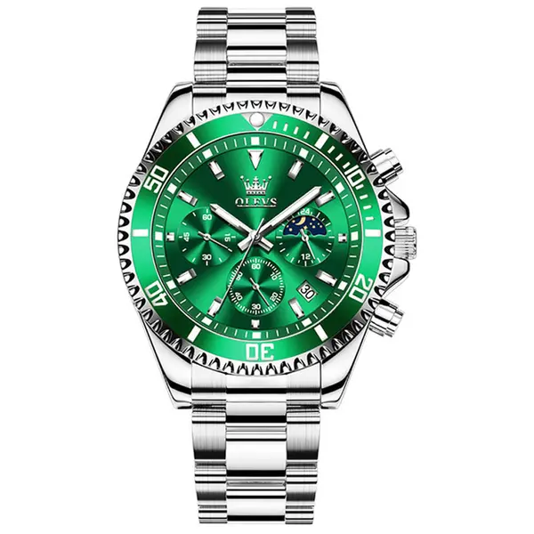 OLEVS 2870 Luxury Whiteshine Luminous Chronograph Analog Wristwatch for Men – Dial Color: Green, Strap Color: White – View 1