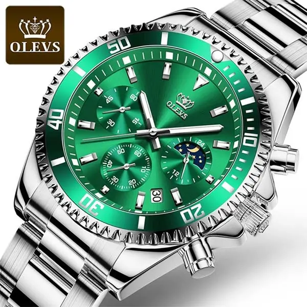 OLEVS 2870 Luxury Whiteshine Luminous Chronograph Analog Wristwatch for Men – Dial Color: Green, Strap Color: White – View 3