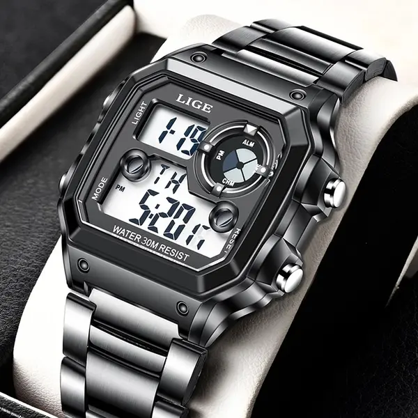 LIGE 8921 Digital Stainless Steel Waterproof Military Men's Watch – Dial Color: Black, Strap Color: Black – View 2