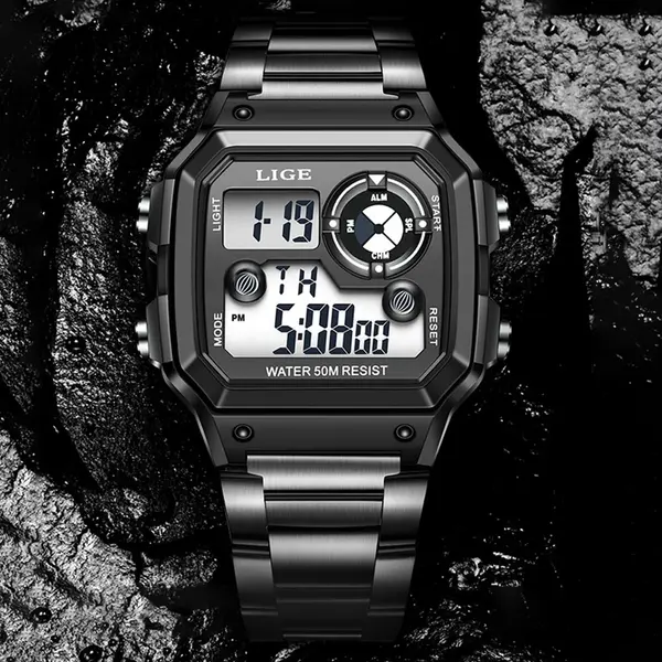 LIGE 8921 Digital Stainless Steel Waterproof Military Men's Watch – Dial Color: Black, Strap Color: Black – View 3