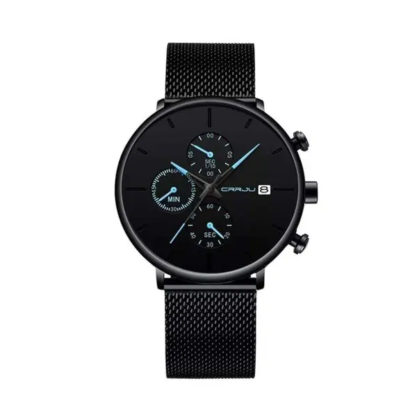 CRRJU 2268 Luxury Black Mesh Steel Band Chronograph Casual Fashion Men’s Watch – Dial Color: Blue, Strap Color: Blue – View 1