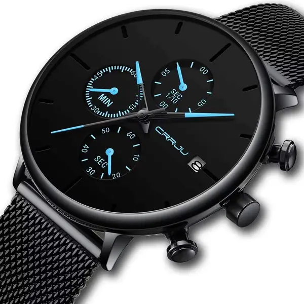 CRRJU 2268 Luxury Black Mesh Steel Band Chronograph Casual Fashion Men’s Watch – Dial Color: Blue, Strap Color: Blue – View 2