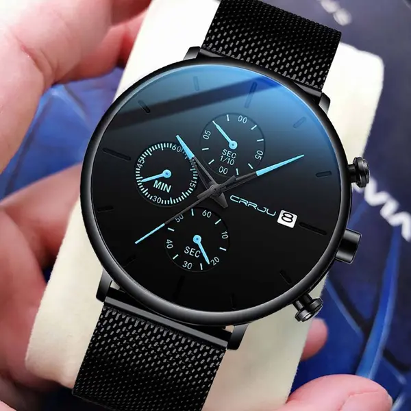 CRRJU 2268 Luxury Black Mesh Steel Band Chronograph Casual Fashion Men’s Watch – Dial Color: Blue, Strap Color: Blue – View 3