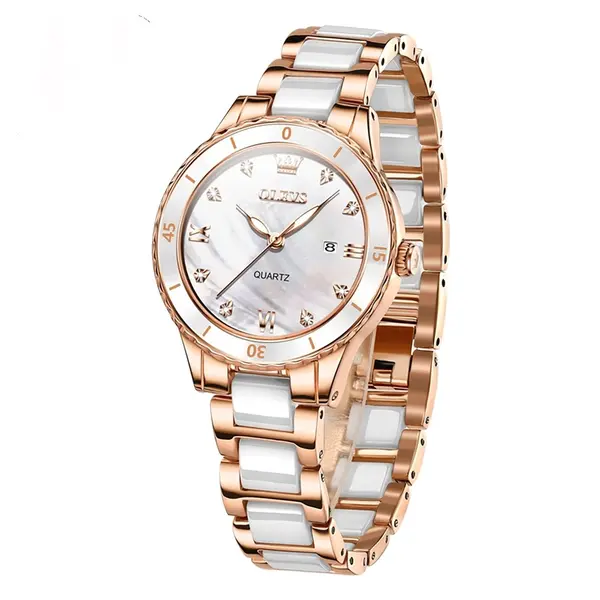Olevs 9985 Stainless Steel Analog Wrist Watch For Women – Dial Color: White, Strap Color:  Brown  – View 2