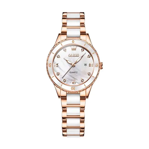 Olevs 9985 Stainless Steel Analog Wrist Watch For Women – Dial Color: White, Strap Color:  Brown  – View 1
