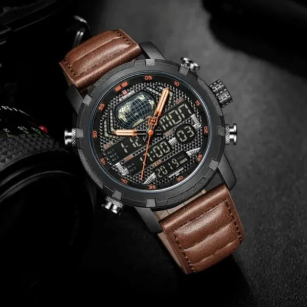 Naviforce NF9160 PU Leather Dual Time Men’s Wrist Watch – Dial Color: Orange, Strap Color:  Brown  – View 3