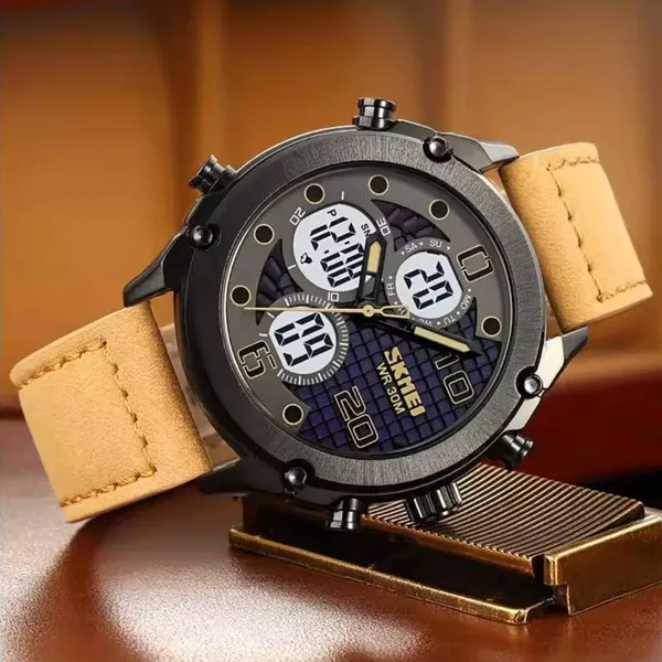 SKMEI 1975 Digital Analog Business Leather Strap Men's Watch – Dial Color: Black, Strap Color:  Brown  – View 3