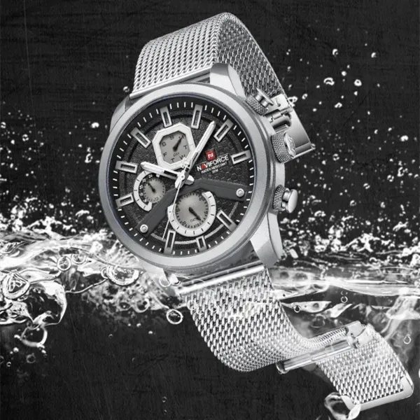 NaviForce NF9211 Chronograph Stainless Steel Luminous Men's Watch – Dial Color: Black, Strap Color: Silver – View 3