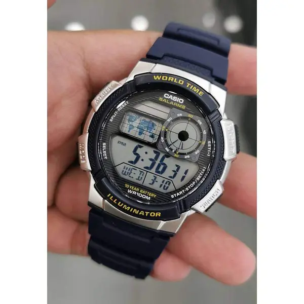 Casio AE-1000W-1AVDF Youth World Time Water Resistant Multifunctional Digital Watch  – Dial Color: Silver, Strap Color: Blue – View 7