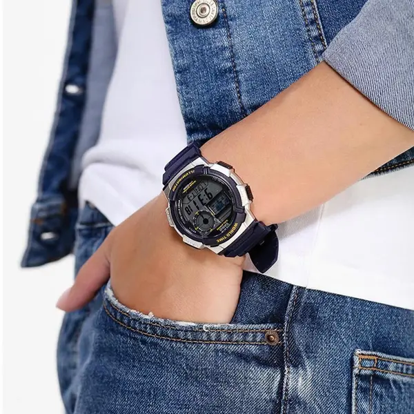 Casio AE-1000W-1AVDF Youth World Time Water Resistant Multifunctional Digital Watch  – Dial Color: Silver, Strap Color: Blue – View 6