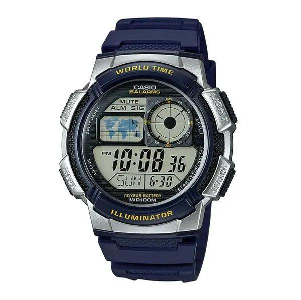 Casio AE-1000W-1AVDF Youth World Time Water Resistant Multifunctional Digital Watch  – Dial Color: Silver, Strap Color: Blue – View 1
