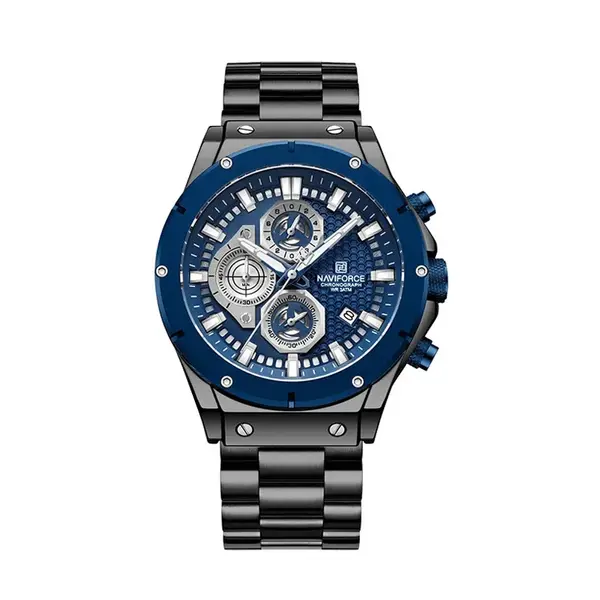 Naviforce NF8026 Luxury Stainless Steel Quartz Analog Men's Watch – Dial Color: Blue, Strap Color: Black – View 1