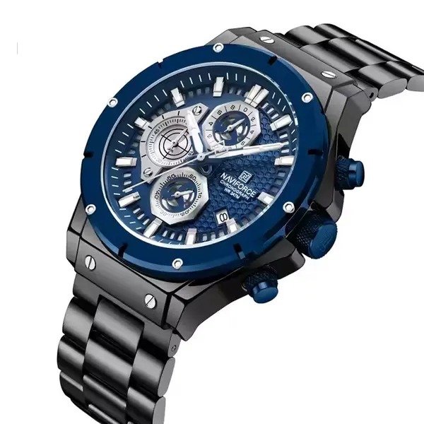 Naviforce NF8026 Luxury Stainless Steel Quartz Analog Men's Watch – Dial Color: Blue, Strap Color: Black – View 3