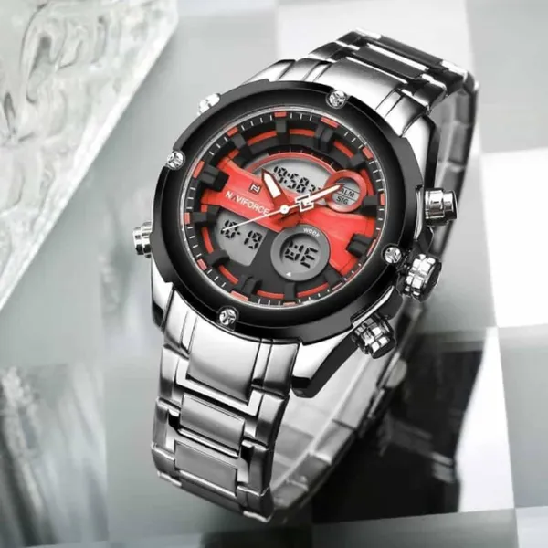 NAVIFORCE NF9088 Stainless Steel Dual Time Men's Watch – Dial Color: Red, Strap Color: Silver – View 2