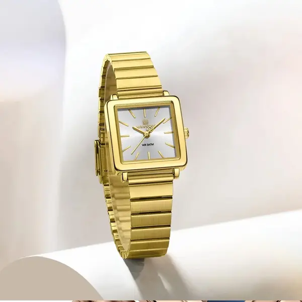 NAVIFORCE NF5048 Stylish Square Waterproof Women’s Watch – Dial Color: White, Strap Color: Gold  – View 2