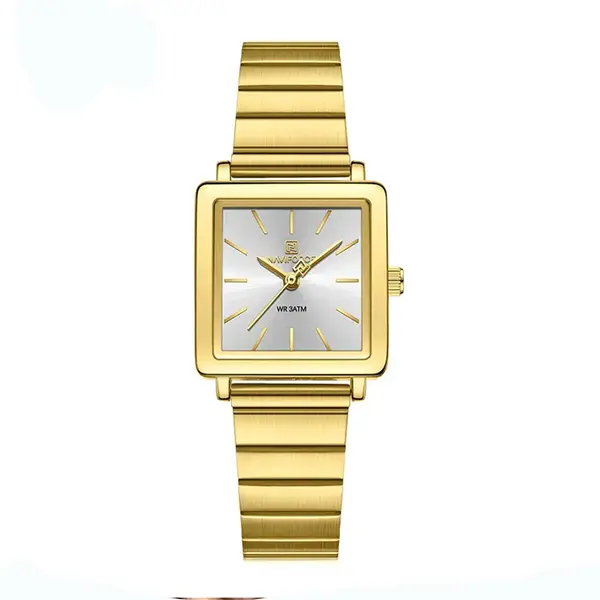 NAVIFORCE NF5048 Stylish Square Waterproof Women’s Watch – Dial Color: White, Strap Color: Gold  – View 1