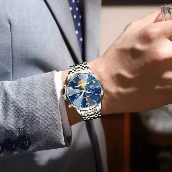 Poedagar 938 Luxury Stainless Steel Chronograph Men's Watch – Dial Color: Blue, Strap Color: Gold  – View 4