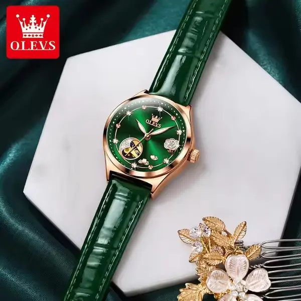 OLEVS 6601 Luxury Diamond Rose Waterproof Women's Hollow Mechanical Watch – Dial Color: Green, Strap Color: Green  – View 5