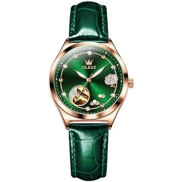 OLEVS 6601 Luxury Diamond Rose Waterproof Women's Hollow Mechanical Watch – Dial Color: Green, Strap Color: Green  – View 1