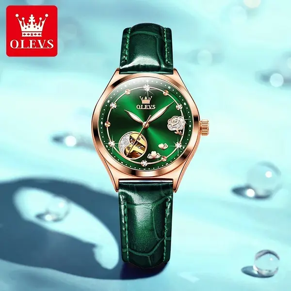 OLEVS 6601 Luxury Diamond Rose Waterproof Women's Hollow Mechanical Watch – Dial Color: Green, Strap Color: Green  – View 2