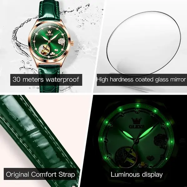 OLEVS 6601 Luxury Diamond Rose Waterproof Women's Hollow Mechanical Watch – Dial Color: Green, Strap Color: Green  – View 3