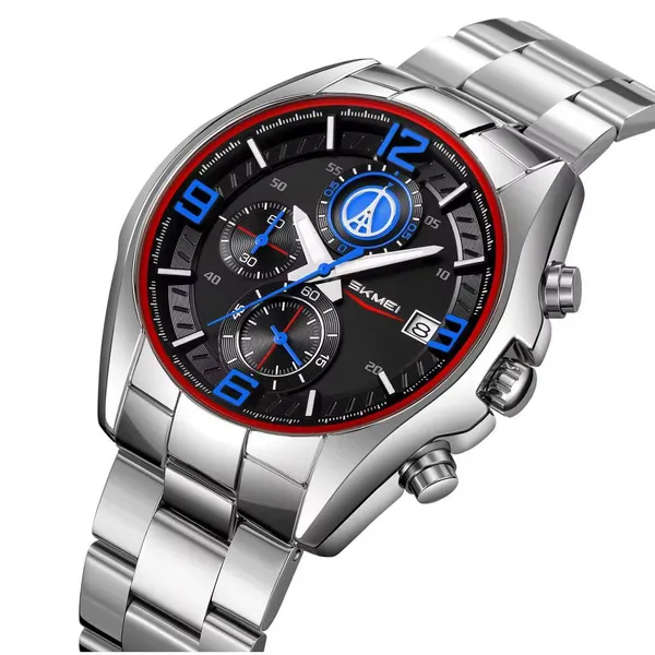 Skmei 9346 Multifunctional Quartz Men's Watch – Dial Color: Blue, Strap Color: Silver – View 2