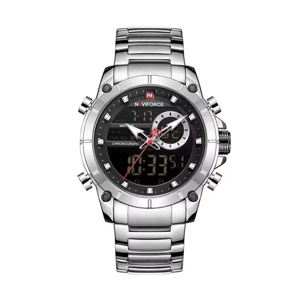 Naviforce NF9163 Stainless Steel Dual Movement Military Sport Men's Watch – Dial Color: Black, Strap Color: Silver – View 1