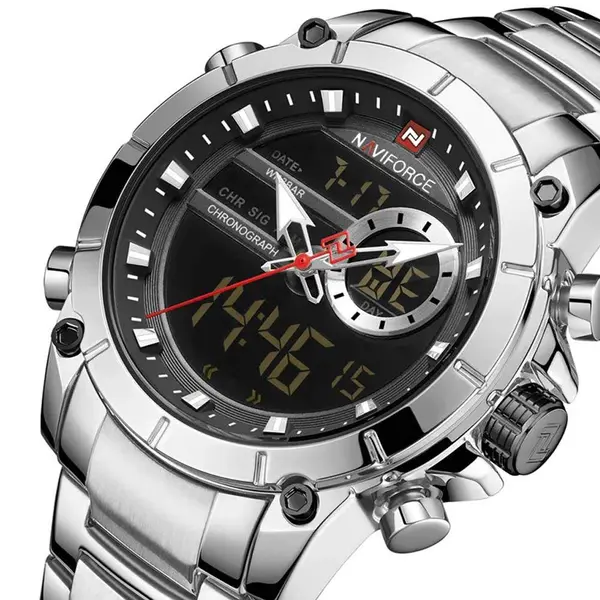 Naviforce NF9163 Stainless Steel Dual Movement Military Sport Men's Watch – Dial Color: Black, Strap Color: Silver – View 2