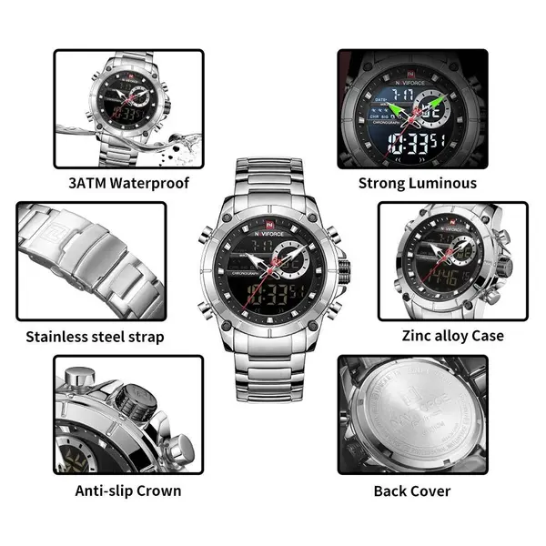 Naviforce NF9163 Stainless Steel Dual Movement Military Sport Men's Watch – Dial Color: Black, Strap Color: Silver – View 4