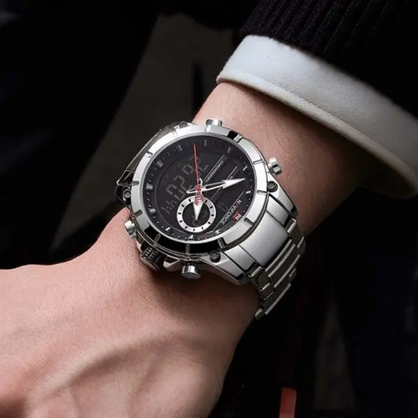 Naviforce NF9163 Stainless Steel Dual Movement Military Sport Men's Watch – Dial Color: Black, Strap Color: Silver – View 5