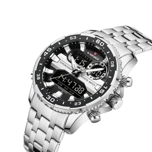 Naviforce 9234 High Quality Stainless Steel Dual Movement Sport Fashion Men Watch – Dial Color: Silver, Strap Color: Silver – View 2