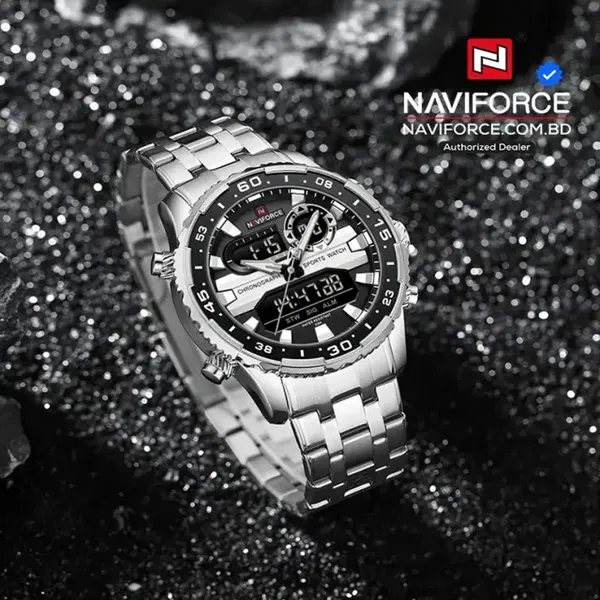 Naviforce 9234 High Quality Stainless Steel Dual Movement Sport Fashion Men Watch – Dial Color: Silver, Strap Color: Silver – View 3
