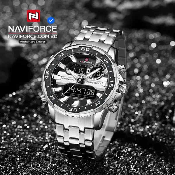 Naviforce 9234 High Quality Stainless Steel Dual Movement Sport Fashion Men Watch – Dial Color: Silver, Strap Color: Silver – View 4