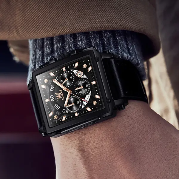 OLEVS 9919 Elite Sports Leather Strap Square Dial Chronograph Men's Analog Watch  – Dial Color: Black, Strap Color: Black – View 3