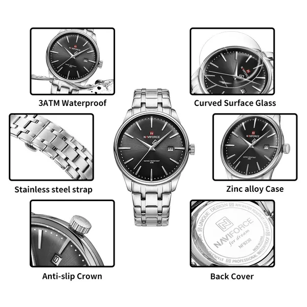 NAVIFORCE NF9230 Gentle Elegant Waterproof Men’s Watch – Dial Color: Black, Strap Color: Silver – View 3
