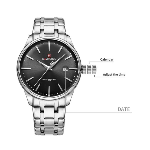 NAVIFORCE NF9230 Gentle Elegant Waterproof Men’s Watch – Dial Color: Black, Strap Color: Silver – View 4