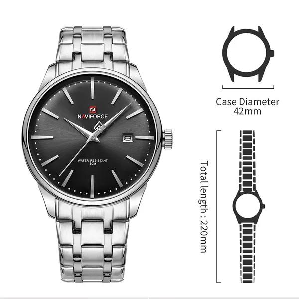 NAVIFORCE NF9230 Gentle Elegant Waterproof Men’s Watch – Dial Color: Black, Strap Color: Silver – View 5