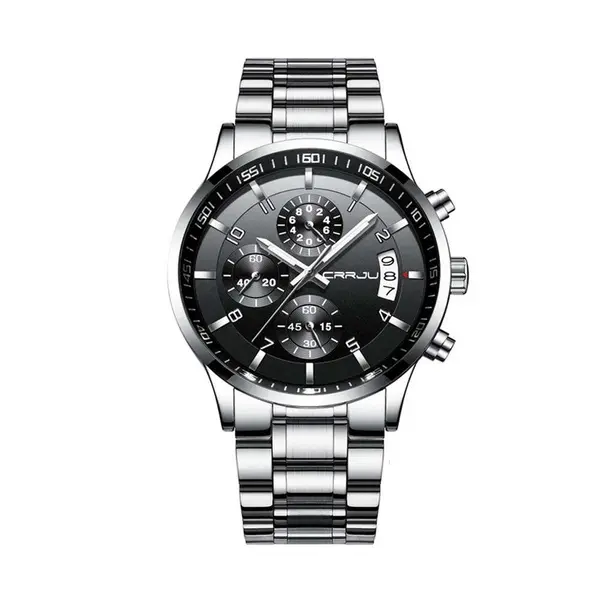CRRJU 2214 Authentic Stainless Steel Minimalist Style Classic Men’s Watch – Dial Color: Black, Strap Color: Silver – View 1