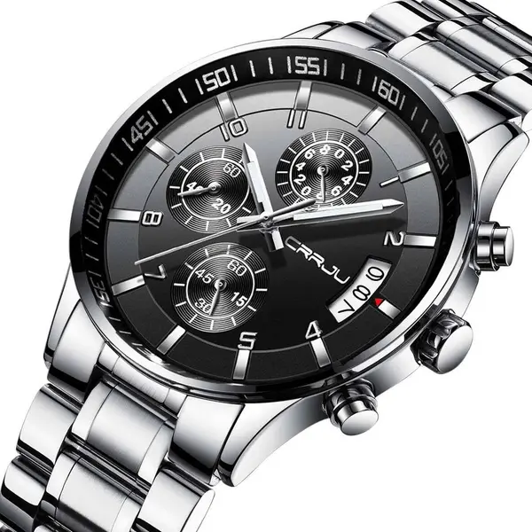 CRRJU 2214 Authentic Stainless Steel Minimalist Style Classic Men’s Watch – Dial Color: Black, Strap Color: Silver – View 2