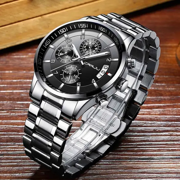 CRRJU 2214 Authentic Stainless Steel Minimalist Style Classic Men’s Watch – Dial Color: Black, Strap Color: Silver – View 3