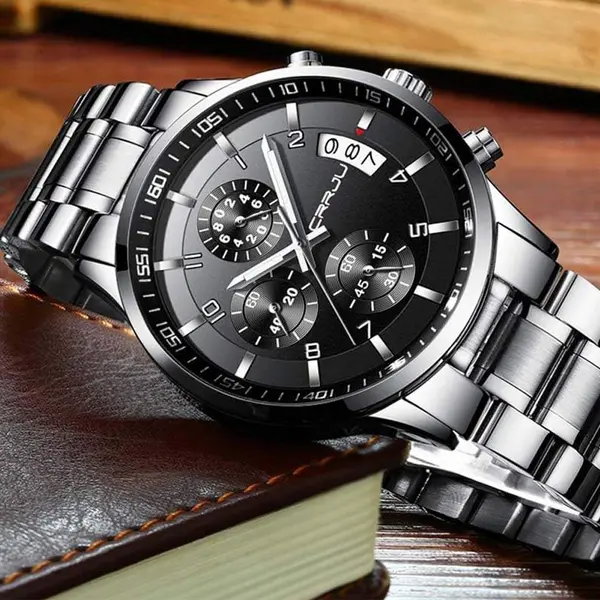 CRRJU 2214 Authentic Stainless Steel Minimalist Style Classic Men’s Watch – Dial Color: Black, Strap Color: Silver – View 4