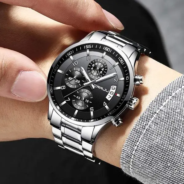 CRRJU 2214 Authentic Stainless Steel Minimalist Style Classic Men’s Watch – Dial Color: Black, Strap Color: Silver – View 5